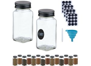 4052025973131 - Gewürzgläser 16er Set Streueinsatz Gewürzdosen Glas 120 ml mit Etiketten & Trichter transparent schwarz - Relaxdays