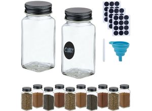 4052025973148 - Gewürzgläser 12er Set Streueinsatz Gewürzdosen Glas 120 ml mit Etiketten & Trichter transparent schwarz - Relaxdays