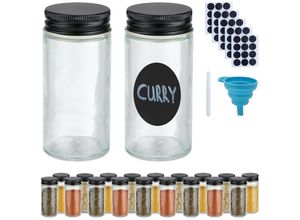 4052025973162 - Gewürzgläser 20er Set Streueinsatz Gewürzdosen Glas mit Etiketten Stift & Trichter transparent schwarz - Relaxdays