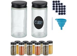 4052025973193 - Gewürzgläser 12er Set Streueinsatz Gewürzdosen Glas mit Etiketten Stift & Trichter transparent schwarz - Relaxdays