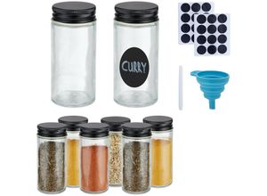 4052025973209 - Relaxdays Gewürzgläser 8er Set Streueinsatz Gewürzdosen Glas mit Etiketten Stift & Trichter transparent schwarz