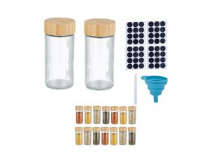 4052025973230 - Gewürzgläser 16er Set Streueinsatz Gewürzdosen mit Etiketten HxD 95 x 45 cm Bambus transparent natur - Relaxdays