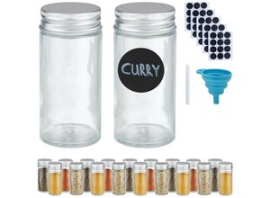 4052025973315 - Gewürzgläser 20er Set Streueinsatz Gewürzdosen Glas 120 ml Etiketten Stift & Trichter transparent silber - Relaxdays