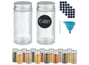 4052025973339 - Gewürzgläser 16er Set Streueinsatz Gewürzdosen Glas 120 ml Etiketten Stift & Trichter transparent silber - Relaxdays