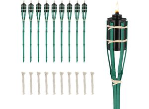 4052025977146 - Gartenfackeln 10er Set Bambus Höhe 70 cm Ölfackeln für draußen Outdoor Fackeln mit Ersatzdocht grün - Relaxdays