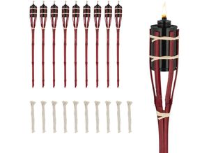 4052025977177 - Gartenfackeln 10er Set Bambus Höhe 70 cm Ölfackeln für draußen Outdoor Fackeln mit Ersatzdocht rot - Relaxdays