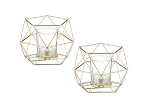 4052025977771 - Teelichthalter 2er Set Metall geometrisch h x b x t 10 x 13 x 12 cm Kerzenständer mit Votivglas gold - Relaxdays