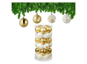 4052025979201 - Relaxdays - Weihnachtskugeln 30er Set Kunststoff d 6 cm runde Weihnachtsbaumdeko Baumschmuck bruchsicher gold weiß