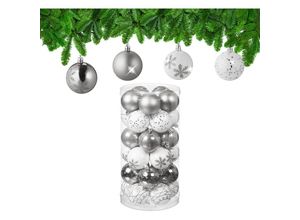 4052025979218 - Weihnachtskugeln 30er Set Kunststoff d 6 cm runde Weihnachtsbaumdeko Baumschmuck bruchsicher silber weiß - Relaxdays