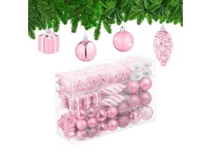 4052025979355 - Relaxdays - Weihnachtskugeln 72er Set glitzernde matte & glänzende Baumkugeln Stiefel Herz & Zapfen Kunststoff rosa