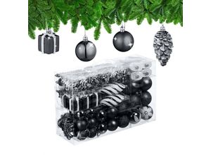 4052025979393 - Relaxdays - Weihnachtskugeln 72er Set glitzernde matte glänzende Baumkugeln Stiefel Herz Zapfen Kunststoff schwarz