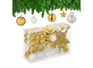 4052025979416 - Relaxdays - Weihnachtskugeln 101er Set Kunststoff Weihnachtsbaumdeko mit Kugeln & Spitze Christbaumschmuck gold weiß