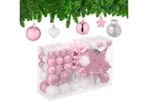 4052025979430 - Relaxdays - Weihnachtskugeln 101er Set Kunststoff Weihnachtsbaumdeko mit Kugeln & Spitze Christbaumschmuck rosa weiß