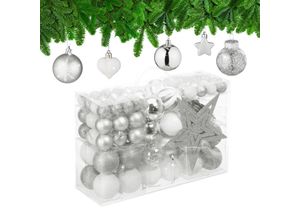 4052025979447 - Relaxdays - Weihnachtskugeln 101er Set Kunststoff Weihnachtsbaumdeko mit Kugeln & Spitze Christbaumschmuck silber weiß