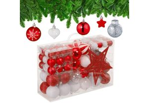 4052025979461 - Weihnachtskugeln 101er Set Kunststoff Weihnachtsbaumdeko mit Kugeln & Spitze Christbaumschmuck rot weiß - Relaxdays