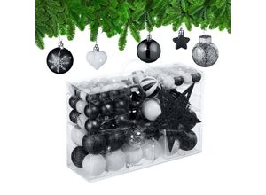 4052025979478 - Relaxdays - Weihnachtskugeln 101er Set Kunststoff Weihnachtsbaumdeko mit Kugeln Spitze Christbaumschmuck schwarz weiß