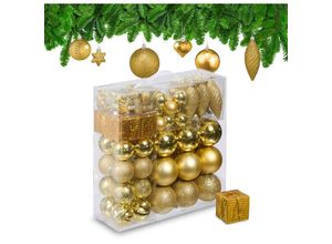 4052025979652 - Relaxdays - Weihnachtskugeln 110er Set Kunststoff Weihnachtsbaumdeko mit Kugeln & Lametta uvm Christbaumschmuck gold