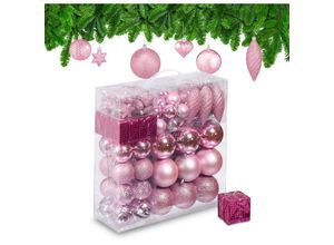 4052025979676 - Relaxdays - Weihnachtskugeln 110er Set Kunststoff Weihnachtsbaumdeko mit Kugeln & Lametta uvm Christbaumschmuck rosa