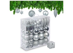 4052025979683 - Relaxdays - Weihnachtskugeln 110er Set Kunststoff Weihnachtsbaumdeko mit Kugeln & Lametta Christbaumschmuck silber