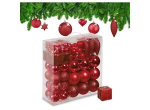 4052025979706 - Relaxdays - Weihnachtskugeln 110er Set Kunststoff Weihnachtsbaumdeko mit Kugeln & Lametta uvm Christbaumschmuck rot