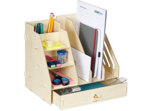 4052025982522 - Schreibtisch-Organizer 3 Schuber 3 Ablagen 2 Stifteköcher 1 Schublade Büro & Schule diy mdf hellbraun - Relaxdays