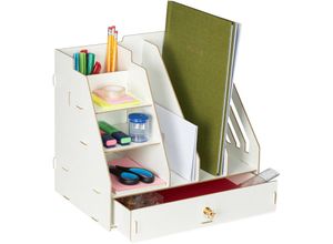 4052025982539 - Relaxdays Schreibtisch-Organizer 3 Schuber 3 Ablagen 2 Stifteköcher 1 Schublade Büro & Schule DIY MDF weiß