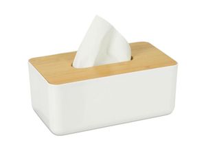 4052025983444 - Kosmetiktücher Box fürs Bad Kunststoff Holz-Deckel nachfüllbar Tücherbox hbt 10x23x13 cm weiß natur - Relaxdays