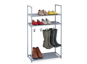 4052025985905 - Schuhregal mit Stiefelfach 3 Ebenen für 10 Paar Schuhe 4 Haken HxBxT 101 x 60 x 30 cm Stecksystem grau - Relaxdays