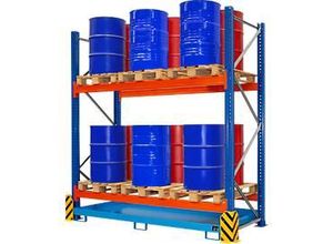 4052462074590 - BAUER Umwelt-Grundregal UR-G 2700-2 Palettenregal B 2900 x T 1300 x H 3000 mm für max 12 x 200-l-Fässer Auffangwanne 277 l lichtblau verkehrsblau reinorange