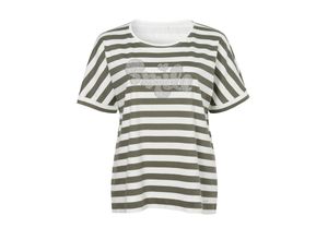 4052481503958 - Große Größen Halbarm-Sweatshirt mit Streifen und Glitzer khaki-weiß Gr46