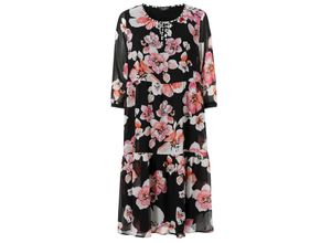 4052481509639 - Große Größen Chiffonkleid mit Blumenprint und gestuftem Rock schwarz gemustert Gr44