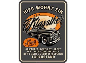 4052743891427 - - Klassiker 50 Jahre Blechschild Hier wohnt ein Klassiker anthrazit 100 % Aluminium rostfrei Befestigungslöchern gewölbt und geprägt