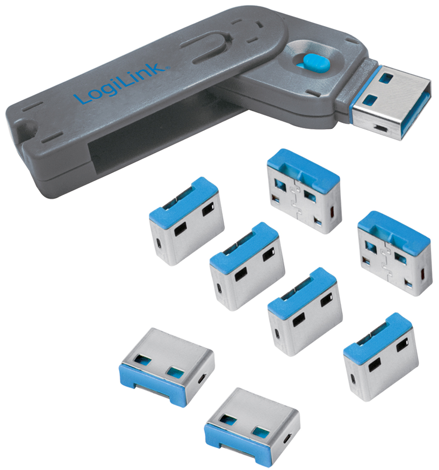 4052792045147 - LogiLink USB Port Schloss AU0045 8er Set Silber Blau inkl 1 Schlüssel AU0045