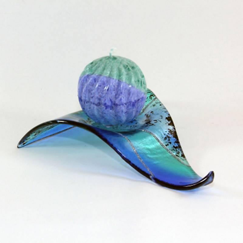 4052884863604 - Kerzenteller Teelichthalter Pizza Tischdeko Fusing Glas blau 22x18cm Handmade