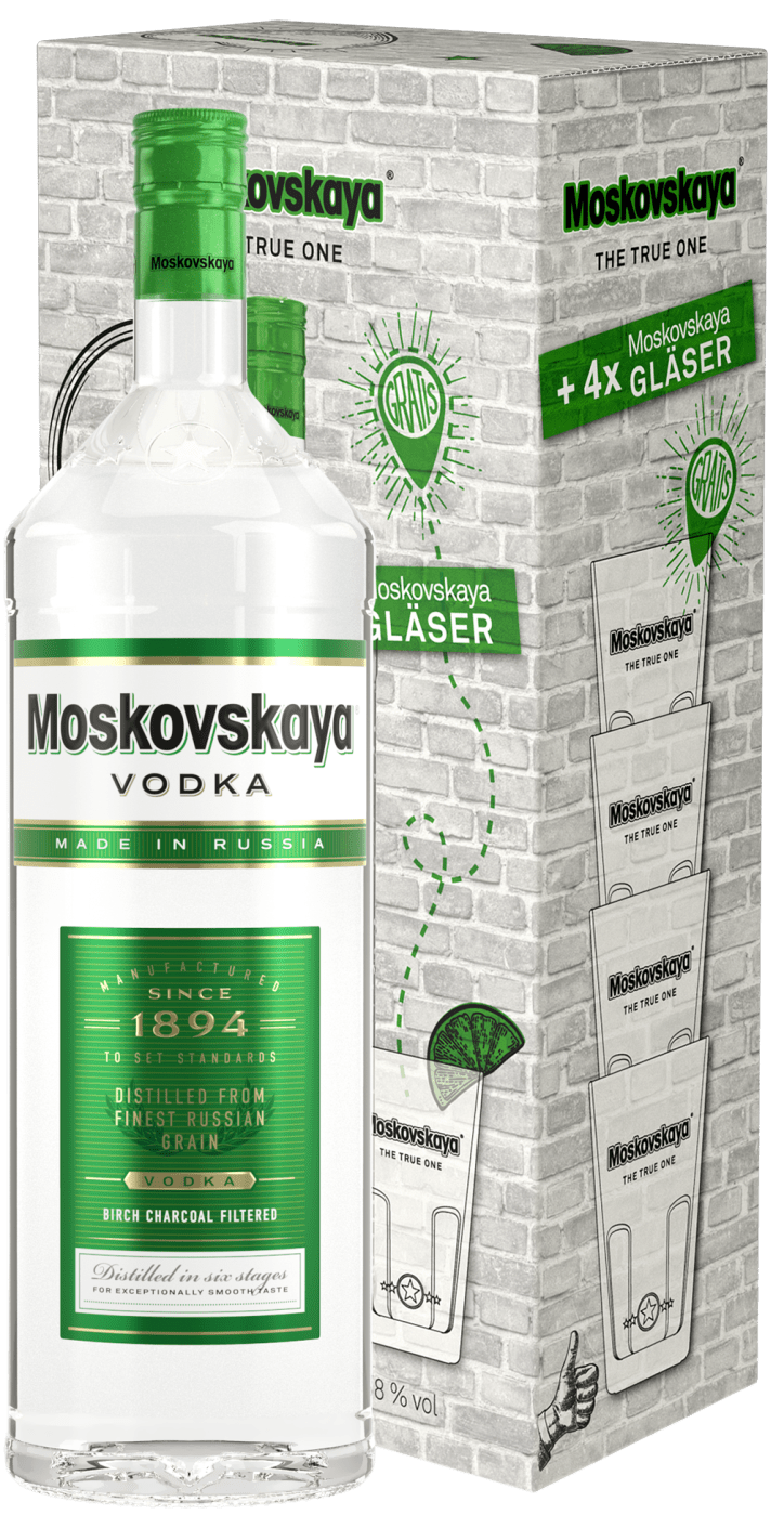 4053500002247 - Moskovskaya Premium Vodka - 3l Doppelmagnumflasche + 4 Gläser GRATIS in Geschenkverpackung