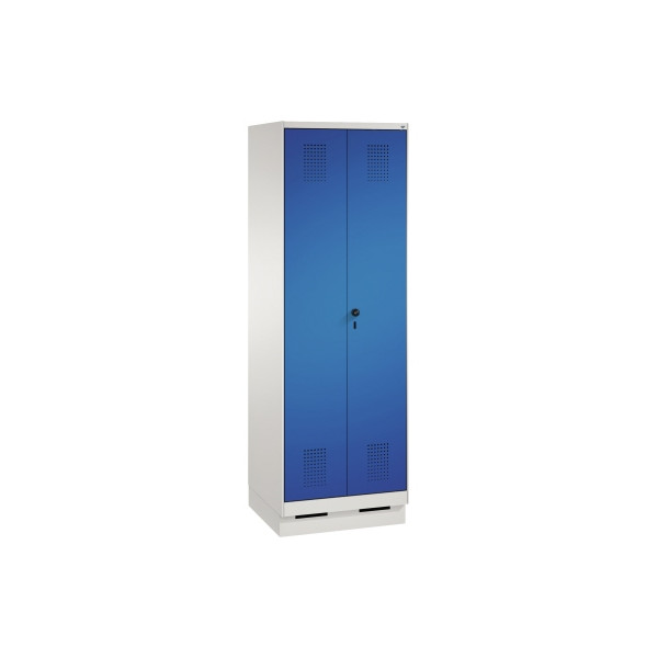 4053597574672 - EVOLO Garderobenschrank zueinander schlagende Türen 2 Abteile Abteilbreite 300 mm mit Sockel lichtgrau   enzianblau