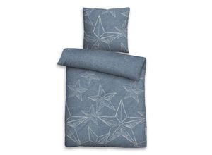 4053855461201 - Melange Flanell-Bettwäsche Sterne 155x220 cm 80x80 cm blau - Biberna