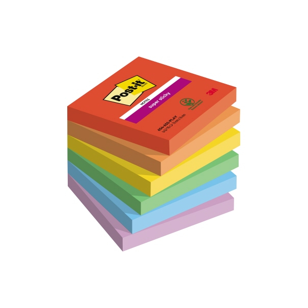 4054596924437 - POST-IT Haftnotizen Super Sticky Notes Playful 654-6SS-PLAY 76 x 76 mm wiederablösbar cellophanfrei verpackt farbig 6 x 90 Blatt