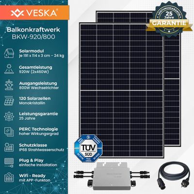 4054748019929 - Balkonkraftwerk 920 W   800 W Photovoltaik Solaranlage Steckerfertig WIFI Smarte Mini-PV Anlage 800 Watt Schwarz