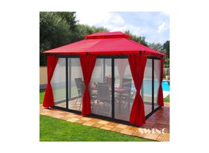4054748991553 - Swing&Harmonie Luxus LED - Pavillon 3x4m Minzo - inkl Seitenwände mit LED Beleuchtung + Solarmodul Gartenpavillon mit Moskitonetz Partyzelt Gartenzelt in Rot