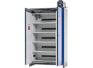 4054923268005 - Asecos Akku-Ladeschrank ION-PRO-90 PC 5 Fachböden gelocht + Steckdosen 1 Auffangwanne B 1193 x T 615 x H 2224 mm
