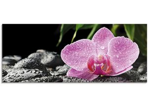 4055327042741 - Glasbild ARTLAND Rosa Orchidee auf schwarzen Zen Steinen Bilder Gr B H 125 cm x 50 cm Glasbild Blumen 1 St pink Glasbilder in verschiedenen Größen