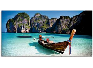 4055327046091 - Glasbild ARTLAND Maya Bay Koh Phi Leh Thailand Bilder Gr B H 100 cm x 50 cm Glasbild Boote & Schiffe 1 St blau Glasbilder in verschiedenen Größen