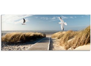 4055327056588 - Glasbild ARTLAND Nordseestrand auf Langeoog mit Möwen Bilder Gr B H 125 cm x 50 cm Glasbild Strand 1 St blau Glasbilder in verschiedenen Größen