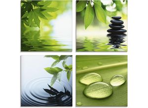 4055327089494 - Glasbild ARTLAND Blätter Wasser Zen Steinpyramide Tropfen Bilder Gr B H 20 cm x 20 cm Glasbild Zen 4 St grün Glasbilder in verschiedenen Größen
