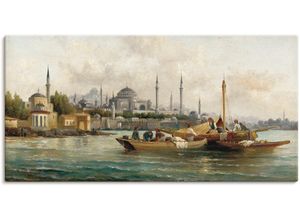 4055327106924 - Wandbild ARTLAND Handelsschiffe vor Hagia Sophia blau Bilder B H 150cm x 75cm Leinwandbild Boote & Schiffe Canvas Leinwand als Leinwandbild Poster Wandaufkleber in verschied Größen B150cm H75cm