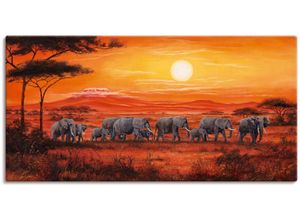 4055327158398 - Wandbild ARTLAND Elefantenherde Bilder Gr B H 100 cm x 50 cm Leinwandbild Wildtiere 1 St orange Bild Poster Bilder als Alubild Leinwandbild Wandaufkleber oder in versch Größen