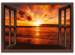 4055327351805 - Wandbild ARTLAND Fensterblick Sonnenuntergang am Strand Bilder Gr B H 100 cm x 70 cm Leinwandbild Fensterblick Querformat 1 St braun Bild Leinwandbild Kunstdrucke Bilder als Leinwandbild Wandaufkleber oder Poster in versch Größen