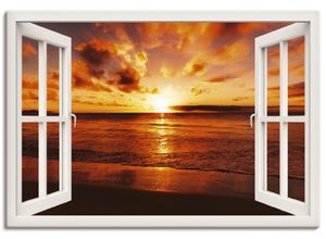 4055327351829 - Wandbild ARTLAND Fensterblick Sonnenuntergang am Strand Bilder Gr B H 100 cm x 70 cm Leinwandbild Fensterblick Querformat 1 St weiß Bild Poster Bilder als Leinwandbild Wandaufkleber oder in versch Größen