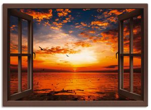 4055327351966 - Wandbild ARTLAND Fensterblick Sonnenuntergang am Strand Bilder Gr B H 100 cm x 70 cm Leinwandbild Fensterblick Querformat 1 St braun Bild Leinwandbild Kunstdrucke Bilder als Leinwandbild Wandaufkleber oder Poster in versch Größen